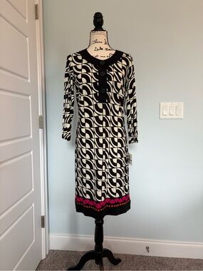 Morgan McFeeters Black and White Geometric Dress with Pink Trim